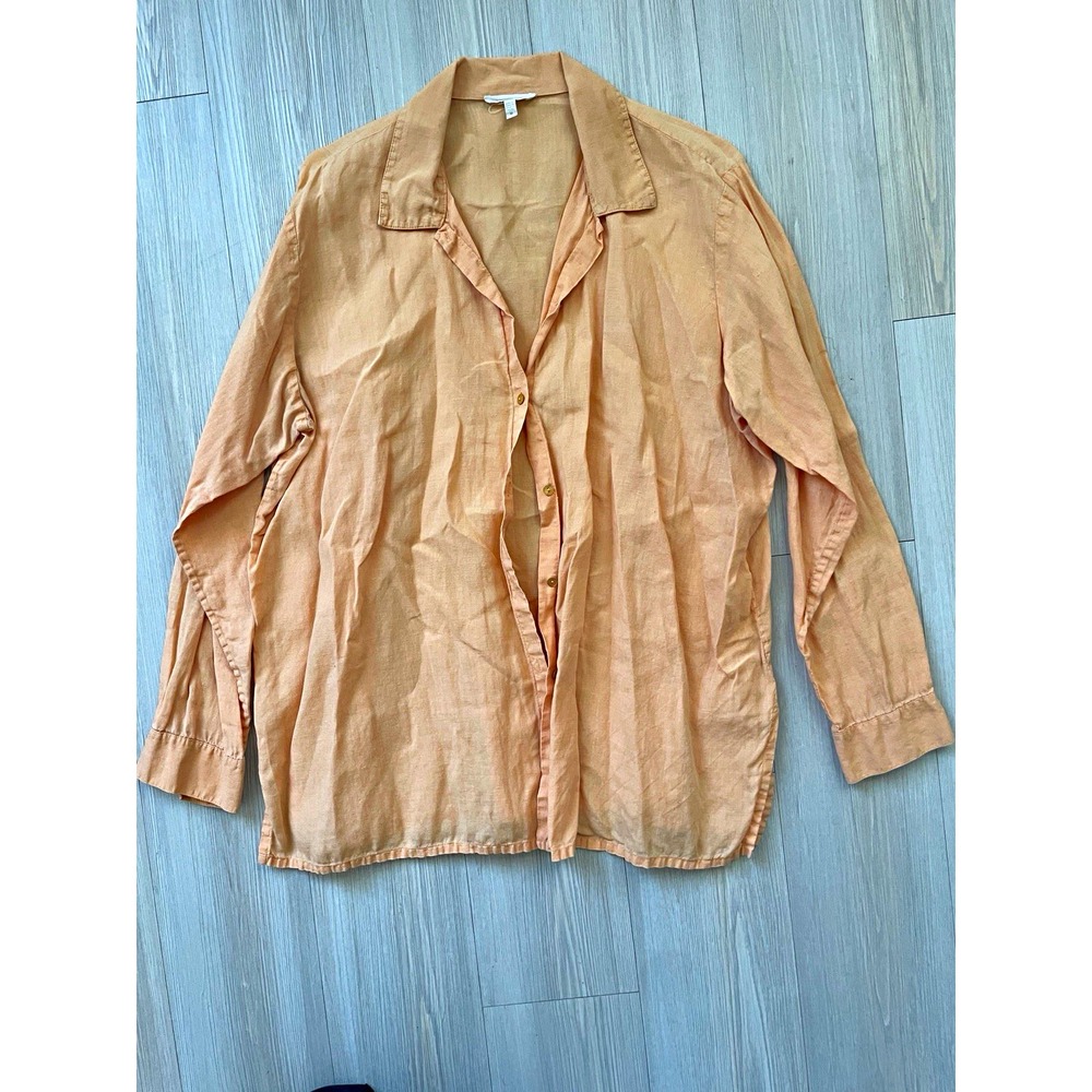 Eileen Fisher Orange Irish Linen Woven Solid Collared Button-Up Blouse Size M